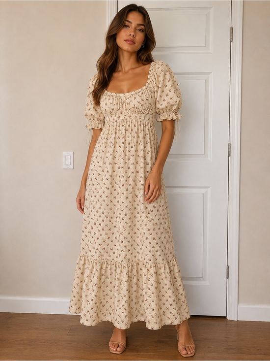 Noralee Dresses & Skirts - Square-Neck Smocked Maxi Dress in Cream with Floral Print